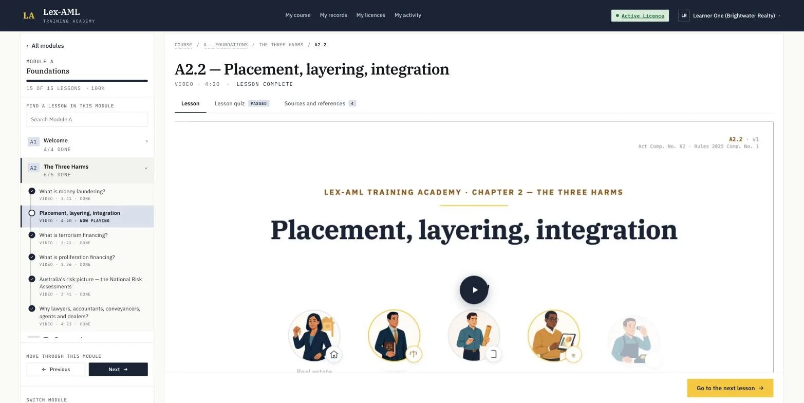 A lesson page with the video player, module sidebar and lesson, quiz and sources tabs