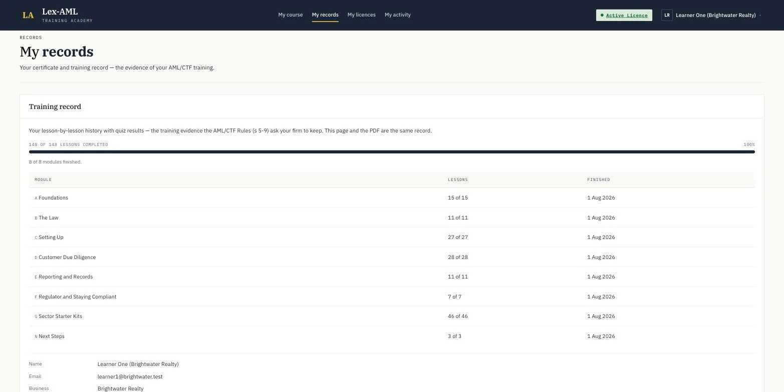 The My records page listing completed modules with dates, the training record and certificate downloads