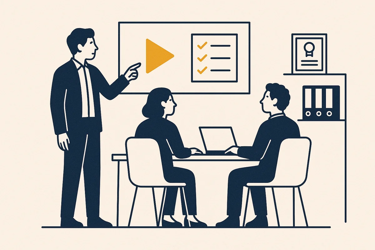 Illustration of a small professional team in a training session — one person presenting a short lesson while two colleagues follow along
