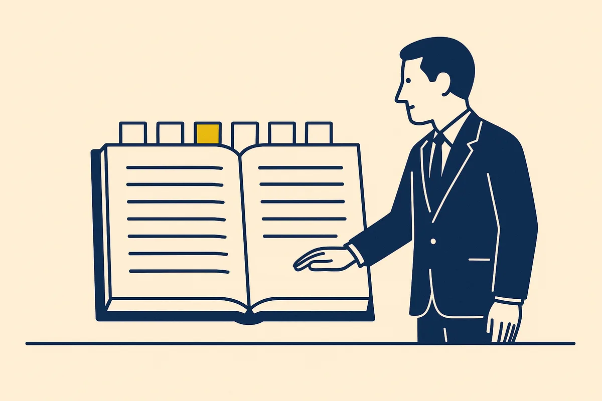 Illustration: a large open book with a row of tab markers along its edge, one tab picked out in gold