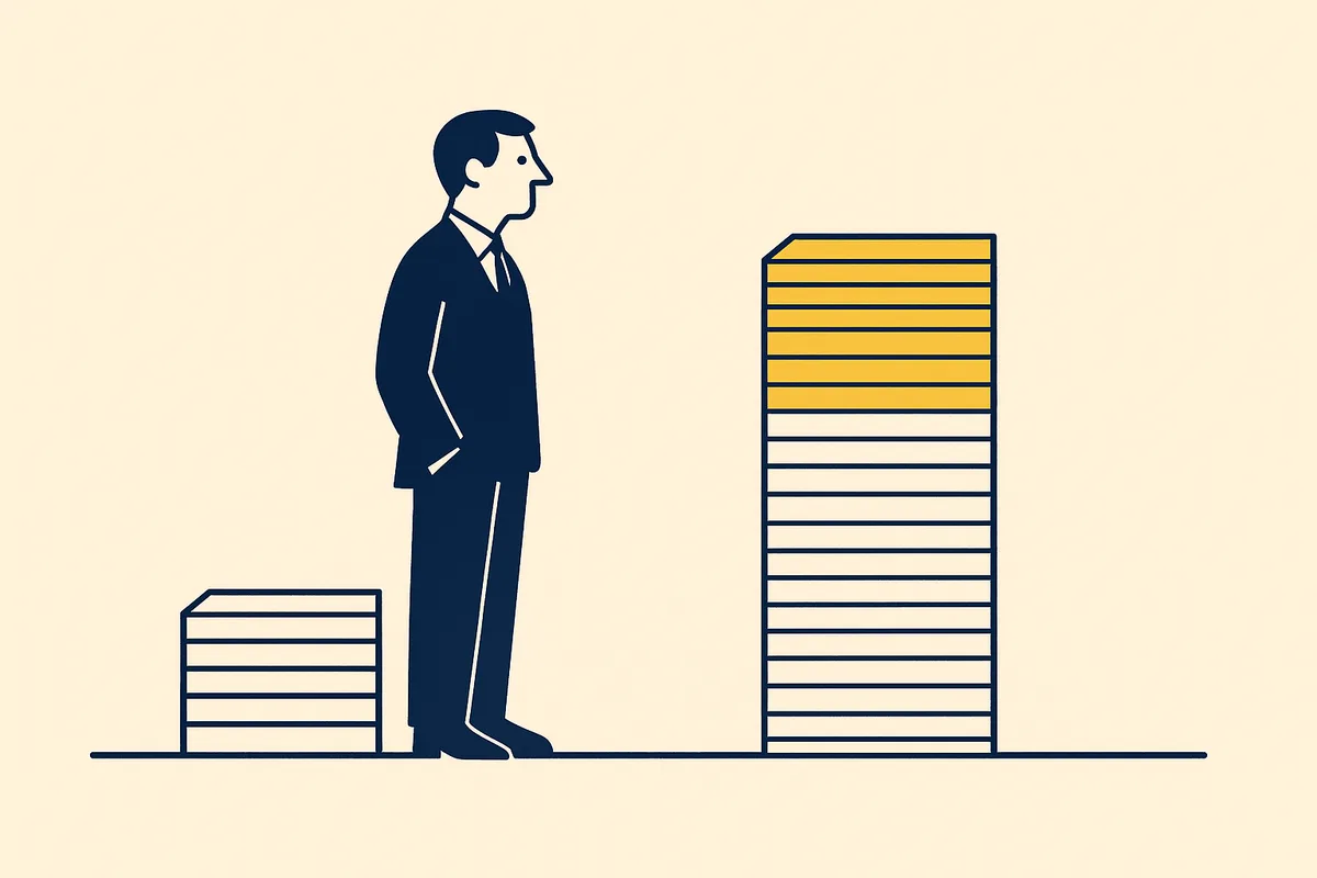 Illustration: two stacks of sheets, the right stack taller by several added sheets picked out in gold