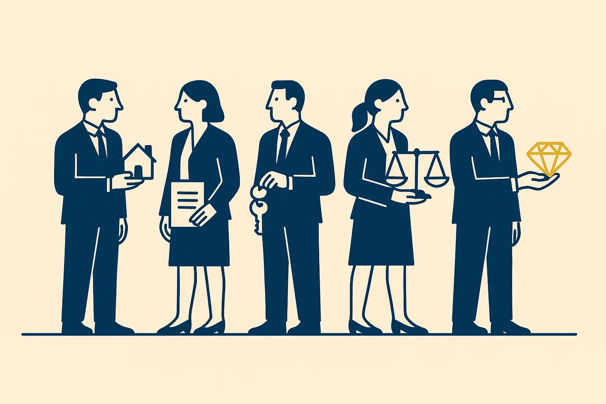 Illustration: five professionals in a row holding a house, a document, keys, a balance and a gemstone, the gemstone picked out in gold