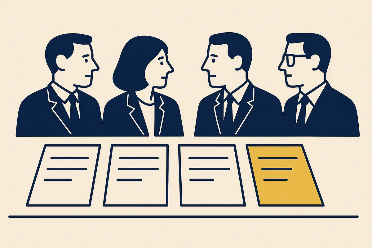 Illustration: four professionals seated above four documents, one of the documents picked out in gold