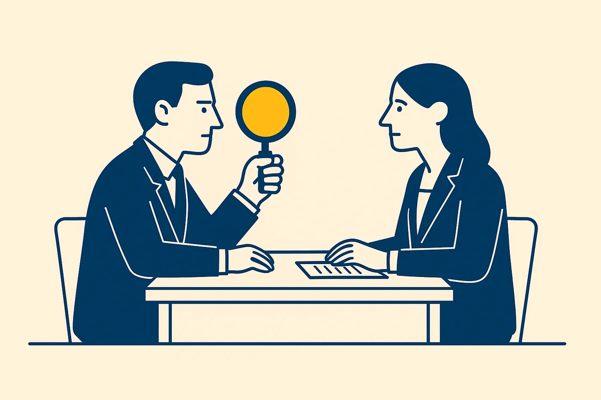 Two people seated across a desk, one holding a magnifying glass over a document between them