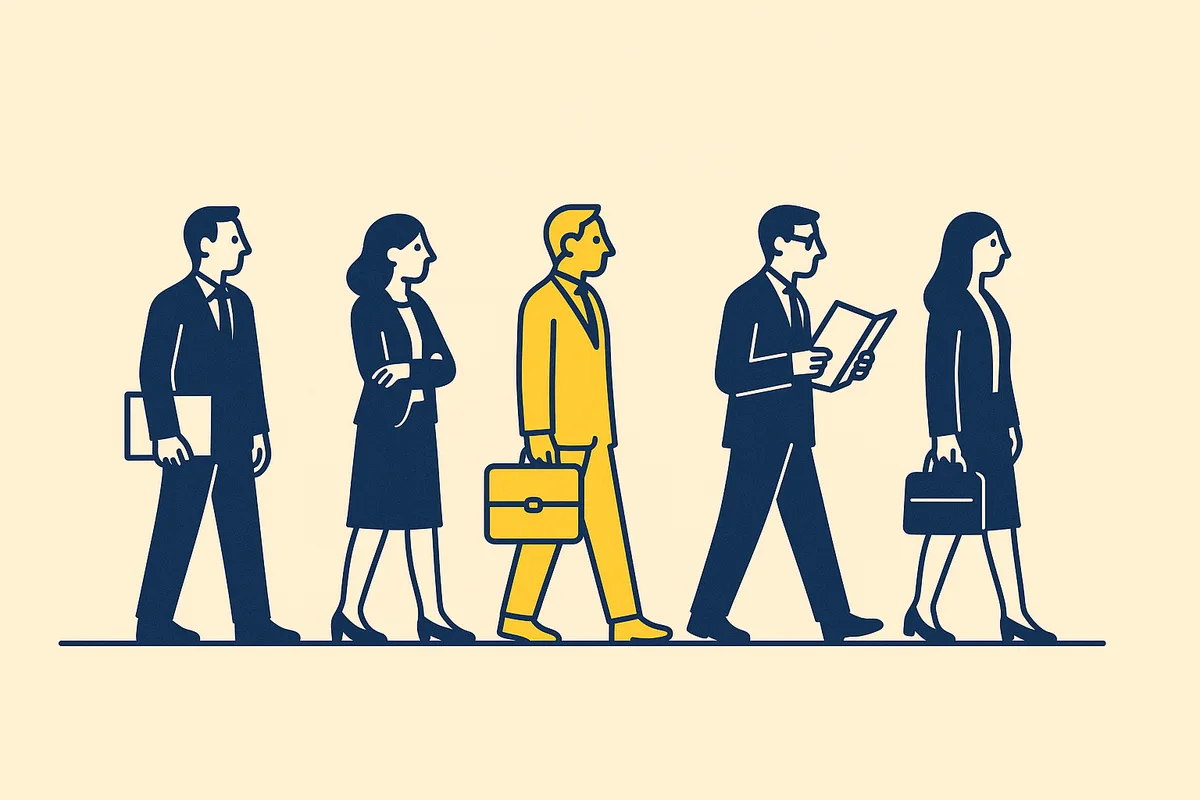 Illustration: five professionals walking along one ground line at different points of the same journey, one picked out in gold