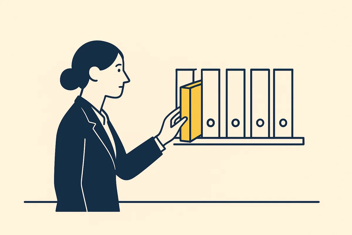 Illustration: a professional reaches for one of five identical folders on a shelf, the one she has chosen picked out in gold