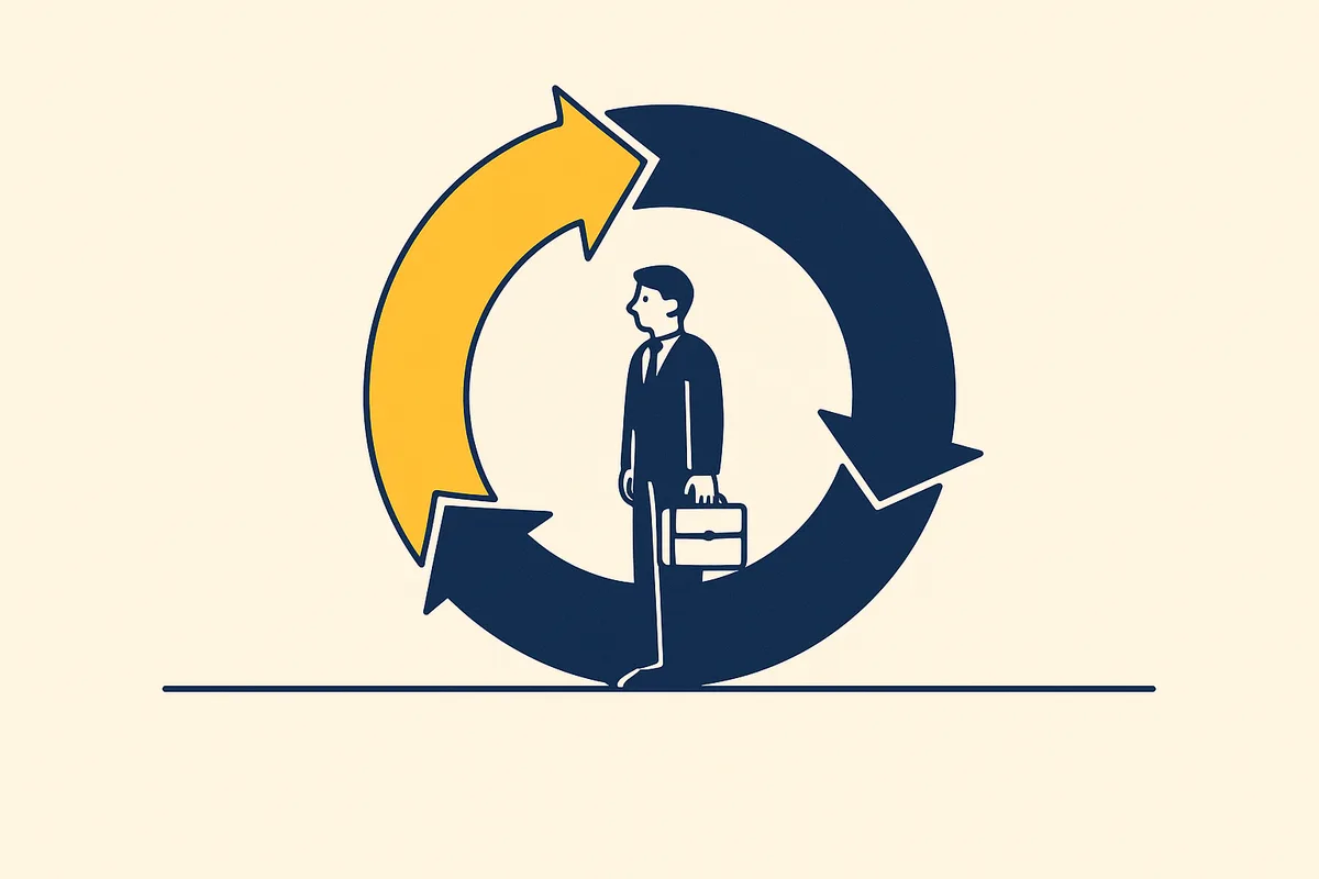 Illustration: a professional standing inside a circle of two arrows, the upper arrow picked out in gold