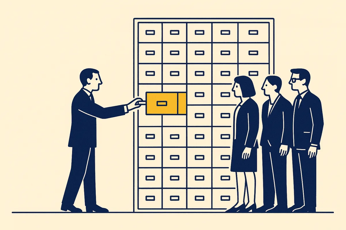 Illustration: a professional drawing one gold file from a wall of filing-cabinet drawers while three colleagues look on