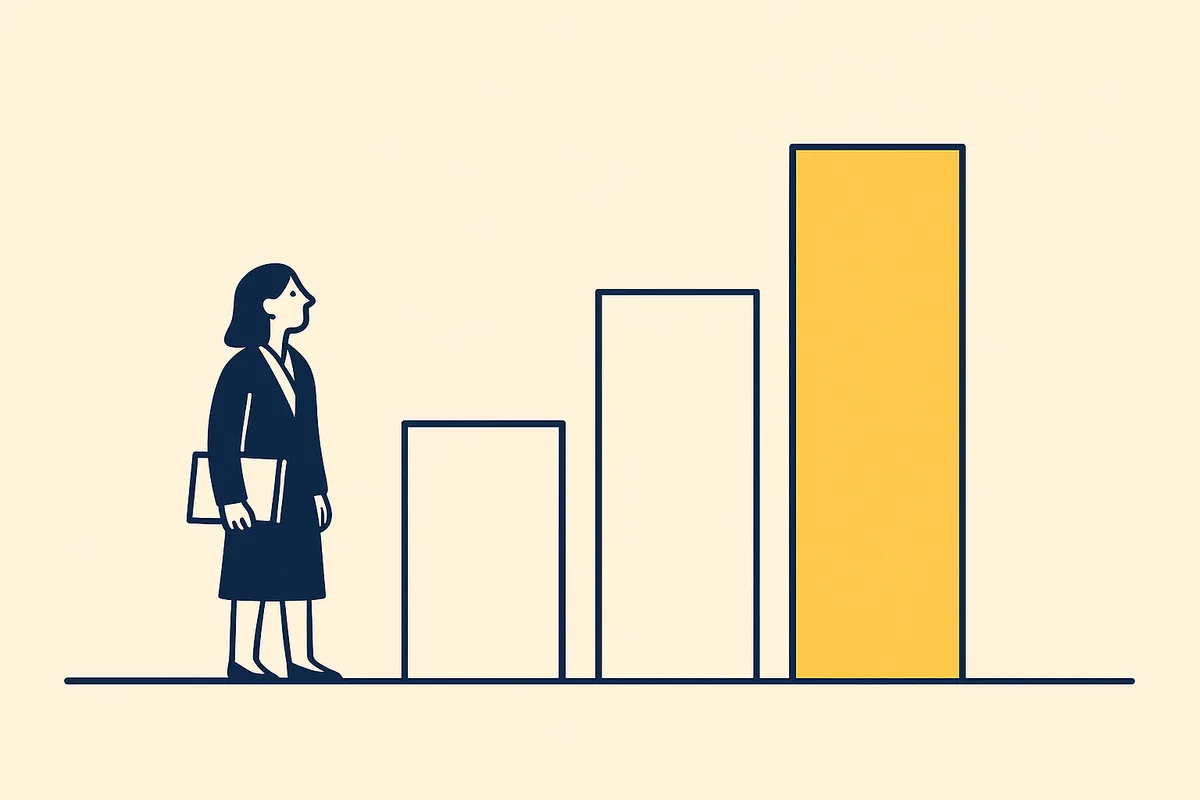A person looking up at three bars of increasing height, the tallest highlighted