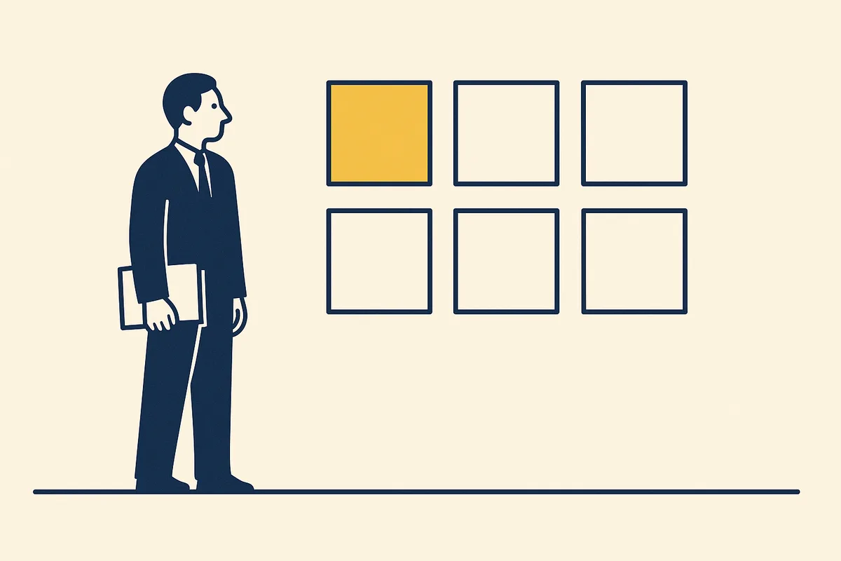 Illustration: six squares in a grid of two rows of three, the first picked out in gold, with a professional standing beside them