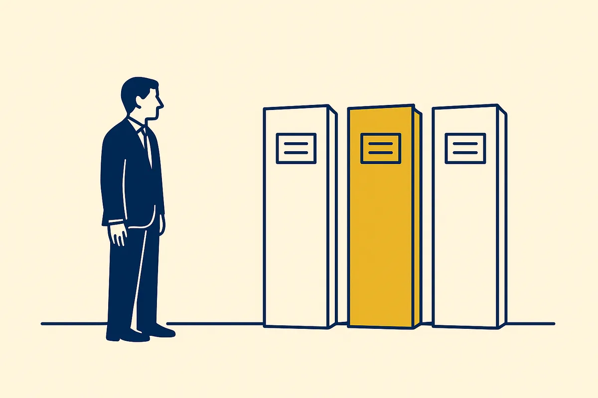 Illustration: three upright document volumes side by side, the middle one picked out in gold, with a professional looking across at them
