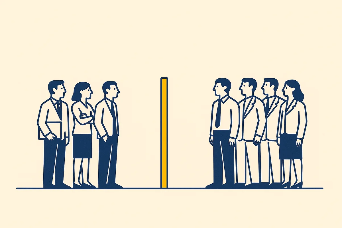 Illustration: two groups of professionals separated by a gap, with a single gold post standing between them