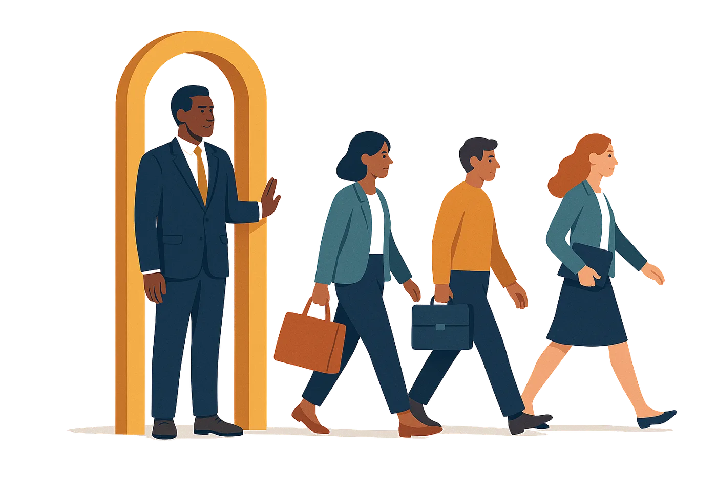 Illustration: a professional stands at a gold archway with a hand raised, as three people walk past