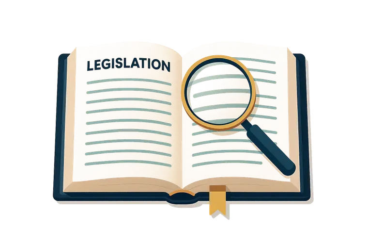 Illustration: an open book of legislation under a magnifying glass