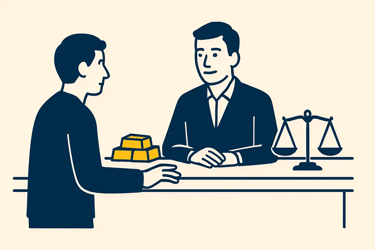 Illustration: a customer at a dealer's counter with a stack of bullion bars and a balance scale