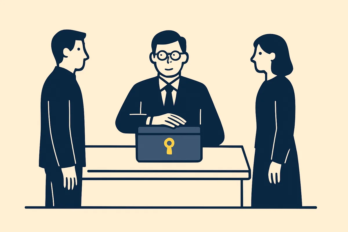 Illustration: a professional seated between two clients with a locked strongbox on the desk, a hand resting on it