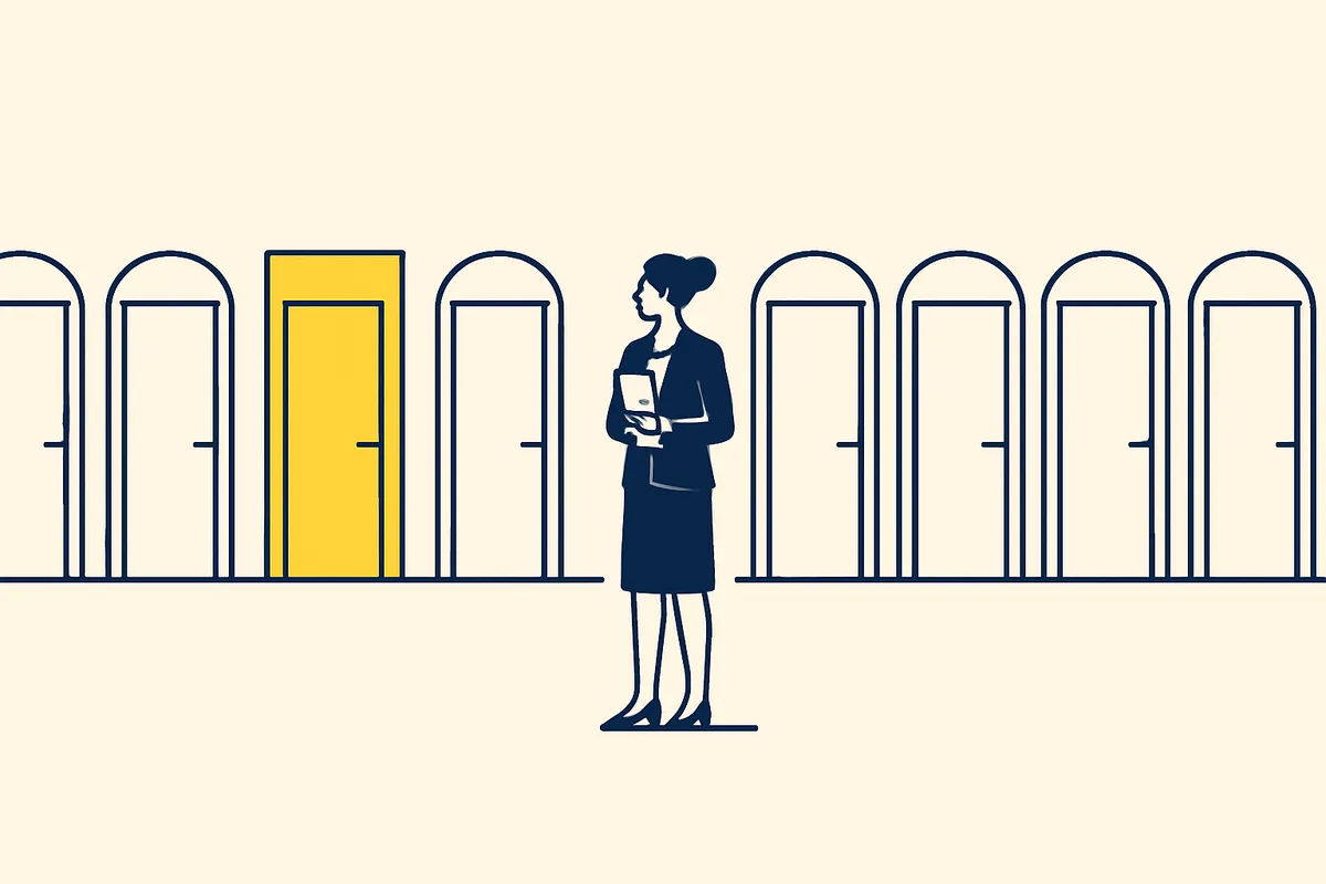 Illustration: a professional stands before a row of nine identical doorways, one of them highlighted, deciding which applies