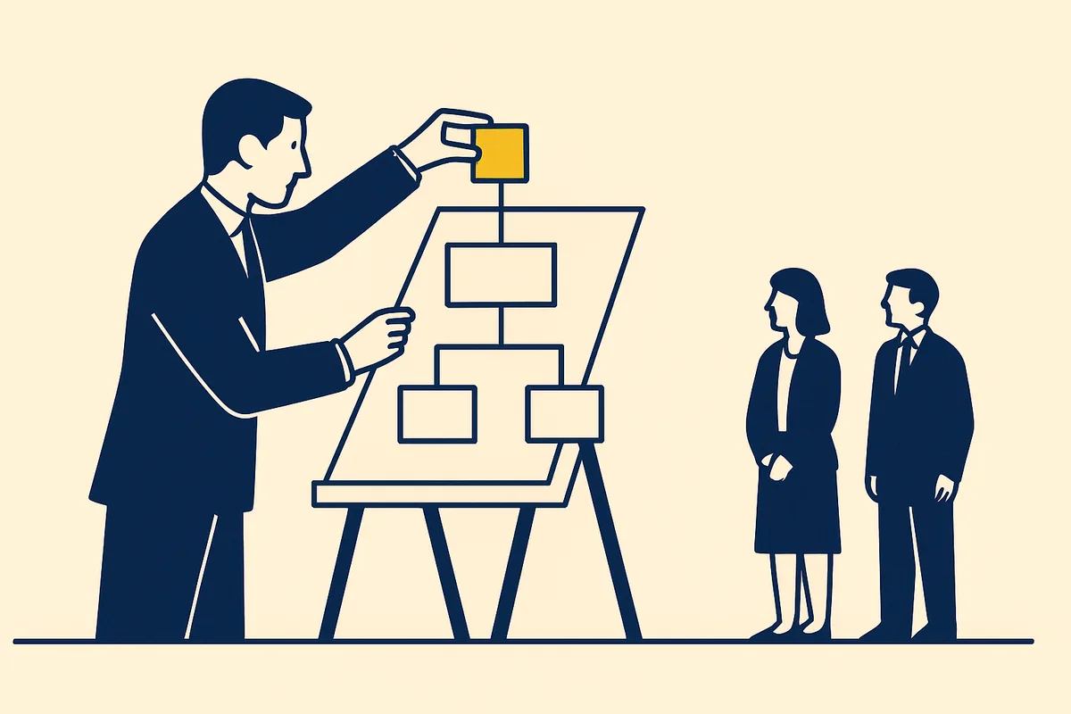 Illustration: a professional at a drafting easel assembling a simple corporate and trust structure while two clients look on